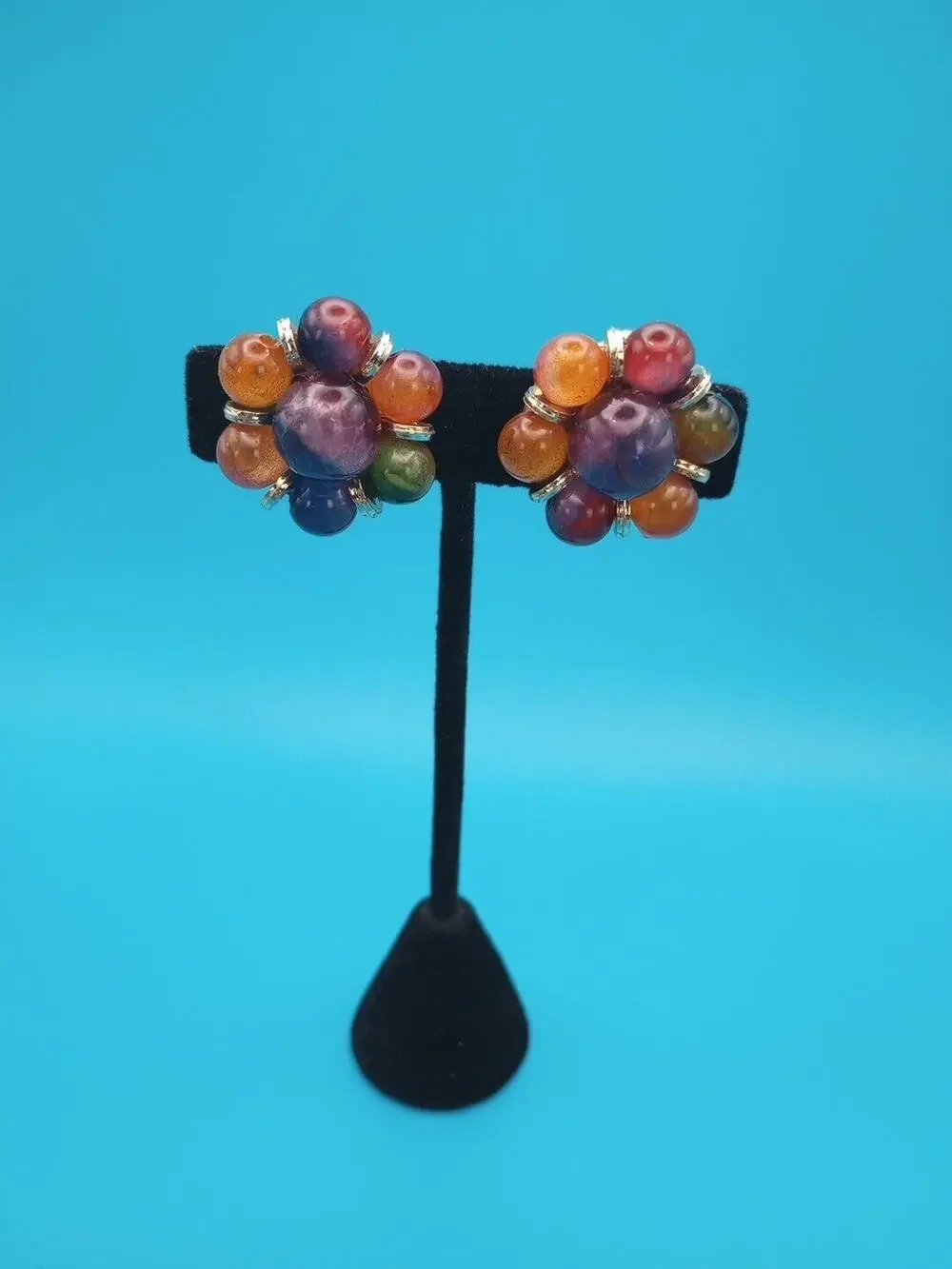 Round Cluster Ball Clip On Earrings Gold Tone Multi Color Plastic Resin